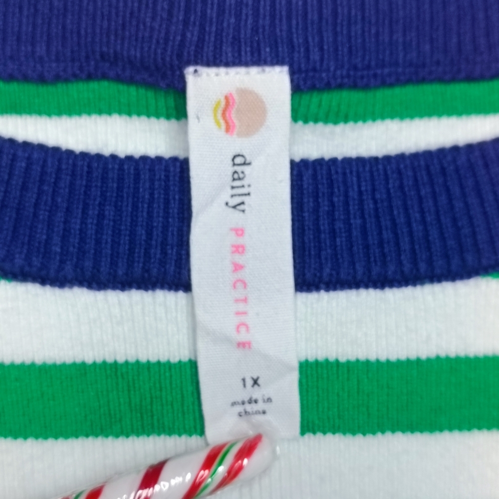 Daily Practice Preppy Boxy Cropped Striped Green and White Crew Neck Sweater 1X - Picture 5 of 13